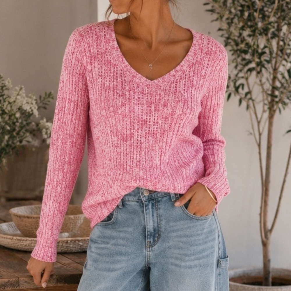 Talbots Pink White‎ Marl Cotton Open Knit Sweater Crew Neck Long Sleeve NWT L W3